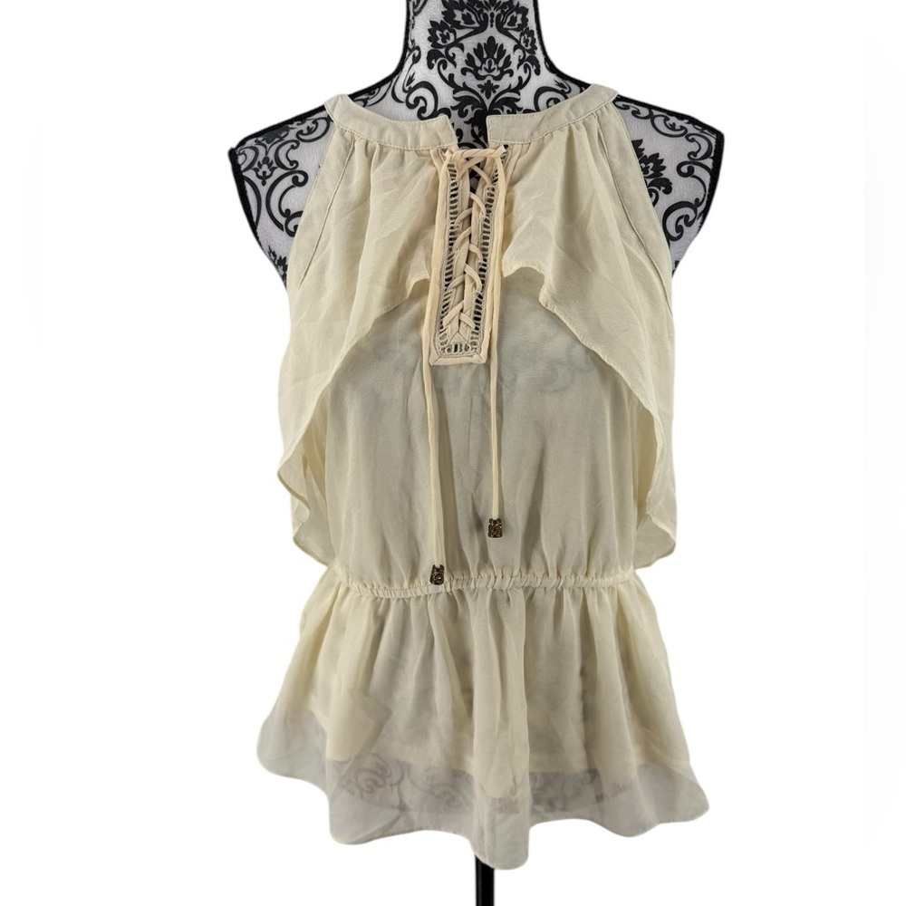 Forever 21 Women’s Cream Lace-Up Peplum Top Boho Sheer Flutter Sleeve Blouse, L